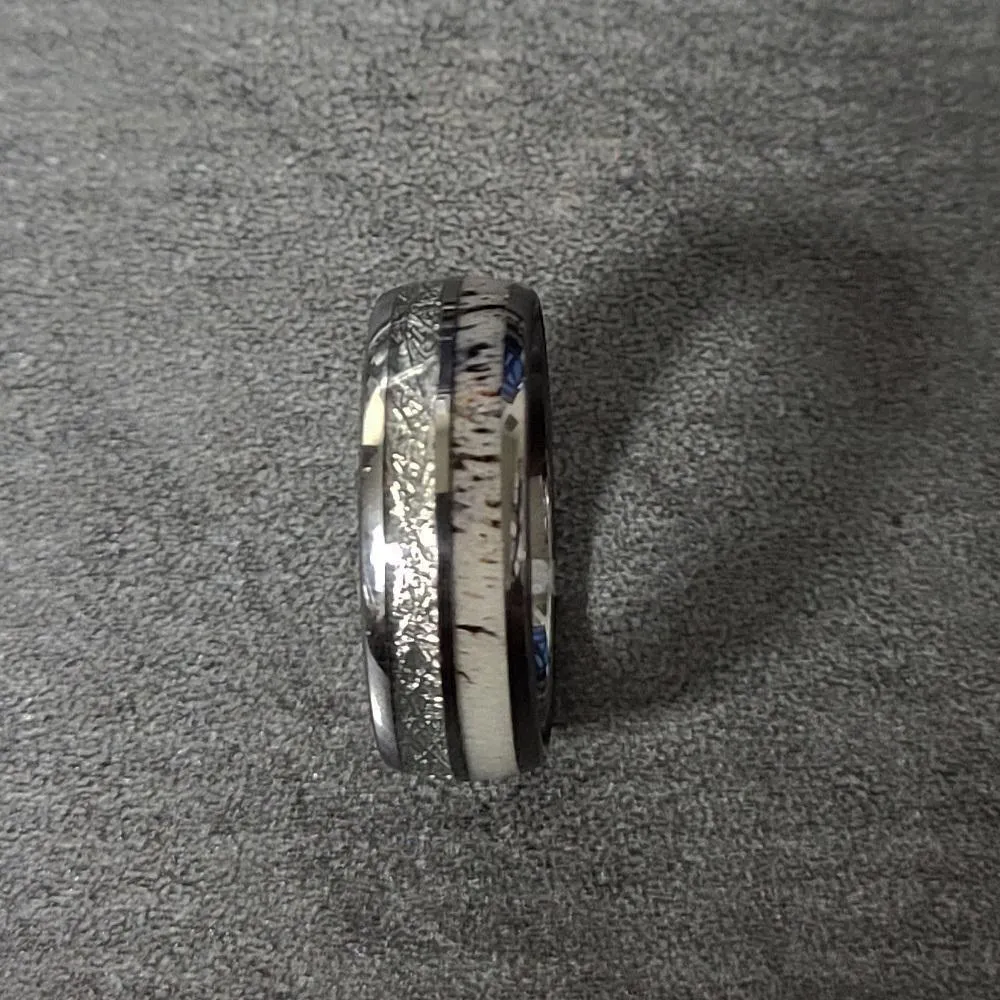 Men's Engraved Deer Antler and Meteor Tungsten Promise Ring - Deer Bone Ring