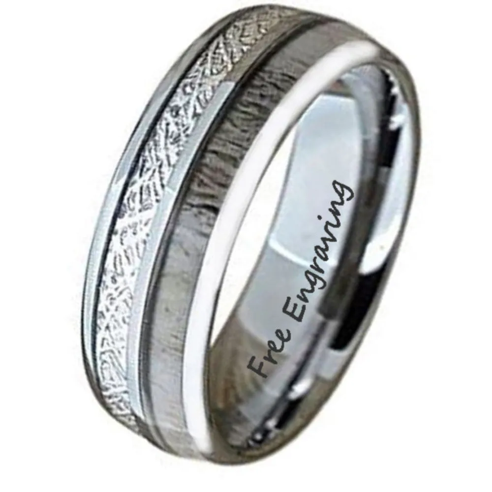 Men's Engraved Deer Antler and Meteor Tungsten Promise Ring - Deer Bone Ring