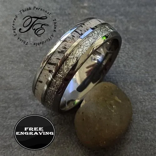 Men's Engraved Deer Antler and Meteor Tungsten Promise Ring - Deer Bone Ring