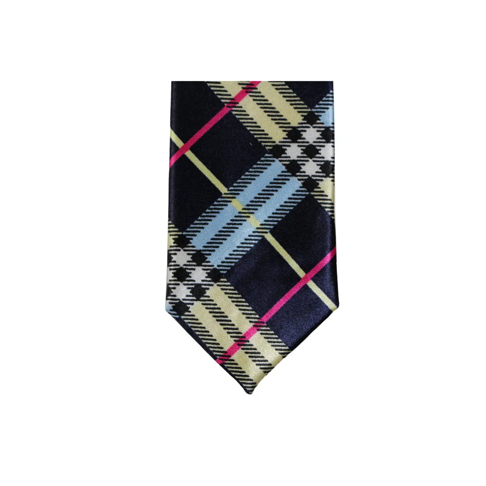 Mens Navy, Pink & Yellow Plaid 5cm Skinny Neck Tie