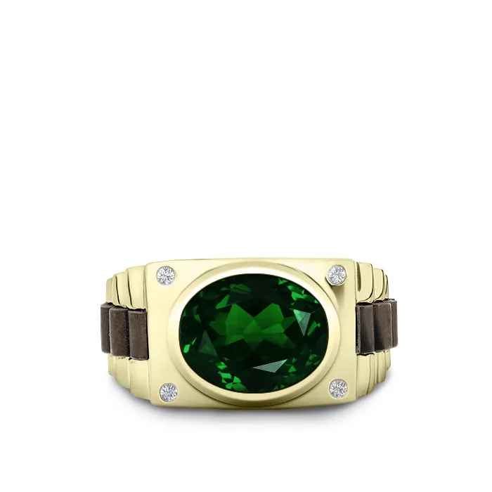 Men's Personalized Jewelry 14K Solid Gold Ring with Emerald and Natural Diamonds Gift for Him