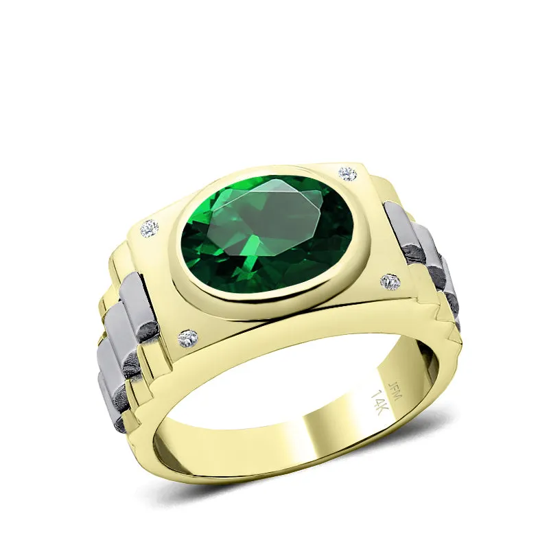 Men's Personalized Jewelry 14K Solid Gold Ring with Emerald and Natural Diamonds Gift for Him