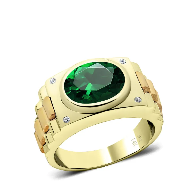 Men's Personalized Jewelry 14K Solid Gold Ring with Emerald and Natural Diamonds Gift for Him