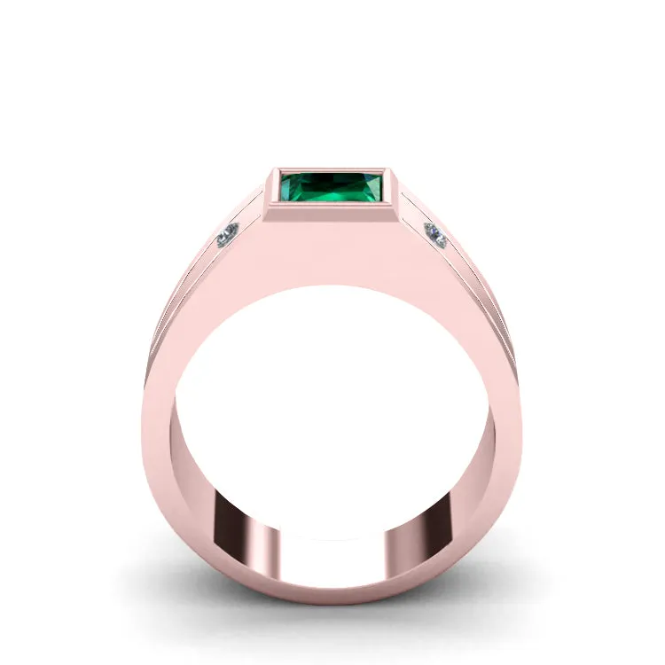 Men's Three Stone Ring with Diamonds in SOLID 14K Rose Gold with Square Green Emerald Male Gift