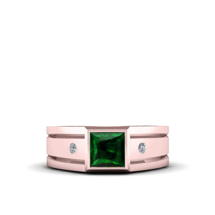 Men's Three Stone Ring with Diamonds in SOLID 14K Rose Gold with Square Green Emerald Male Gift