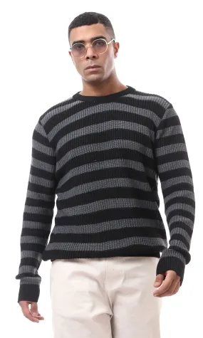 O174773 Bi-Tone Striped Dark Grey & Black Knitted Pullover