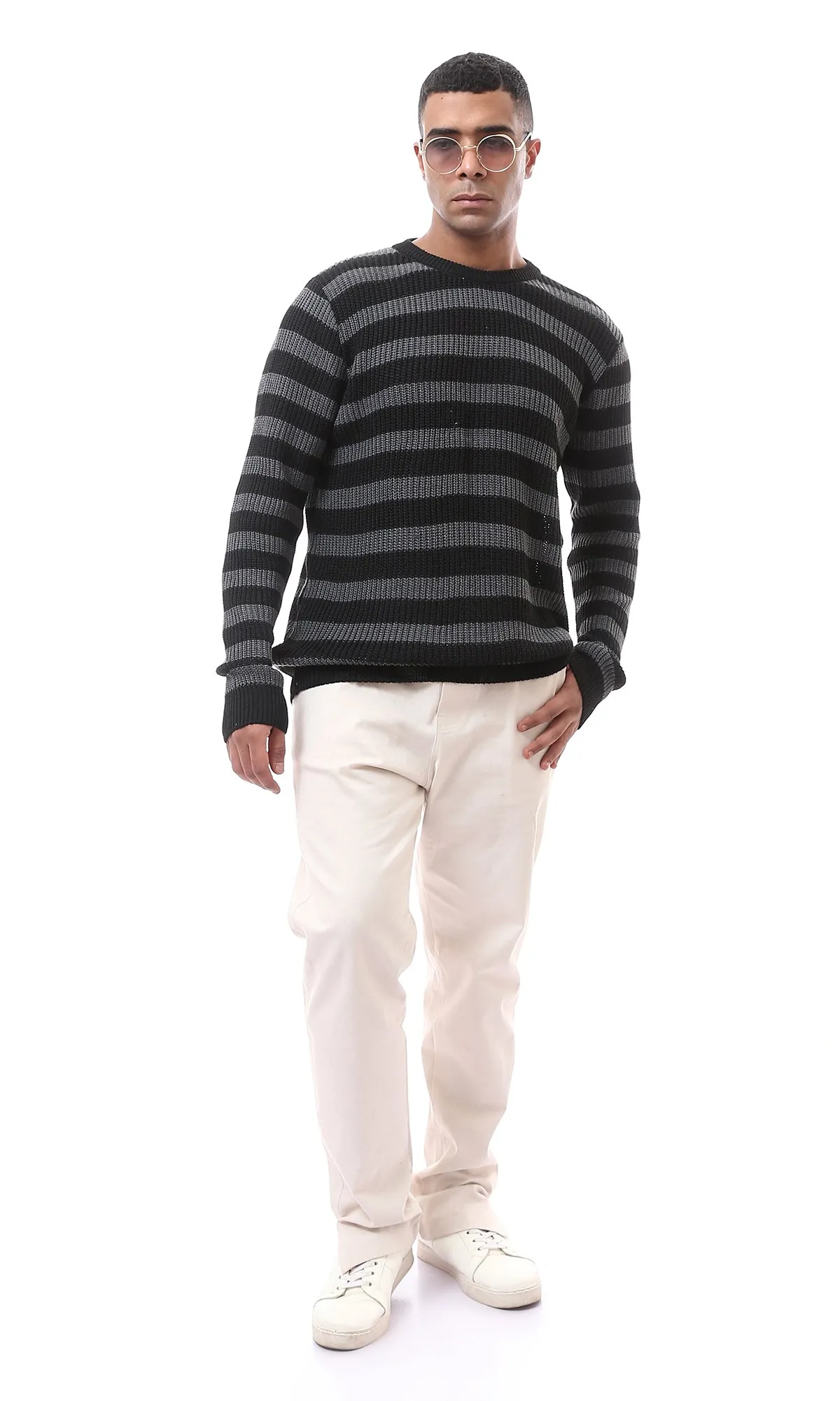 O174773 Bi-Tone Striped Dark Grey & Black Knitted Pullover