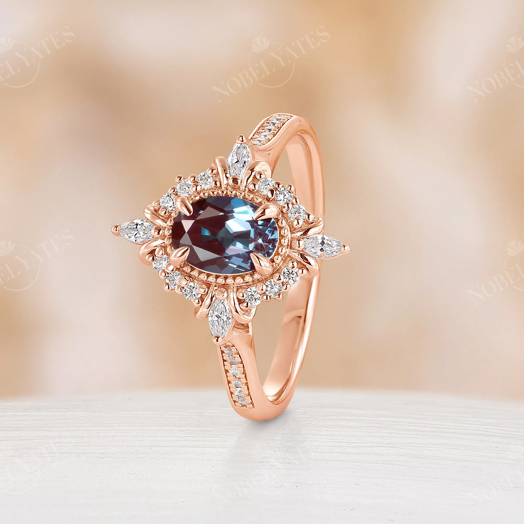 Oval Lab Alexandrite Vintage Milgrain Engagement Ring Rose Gold