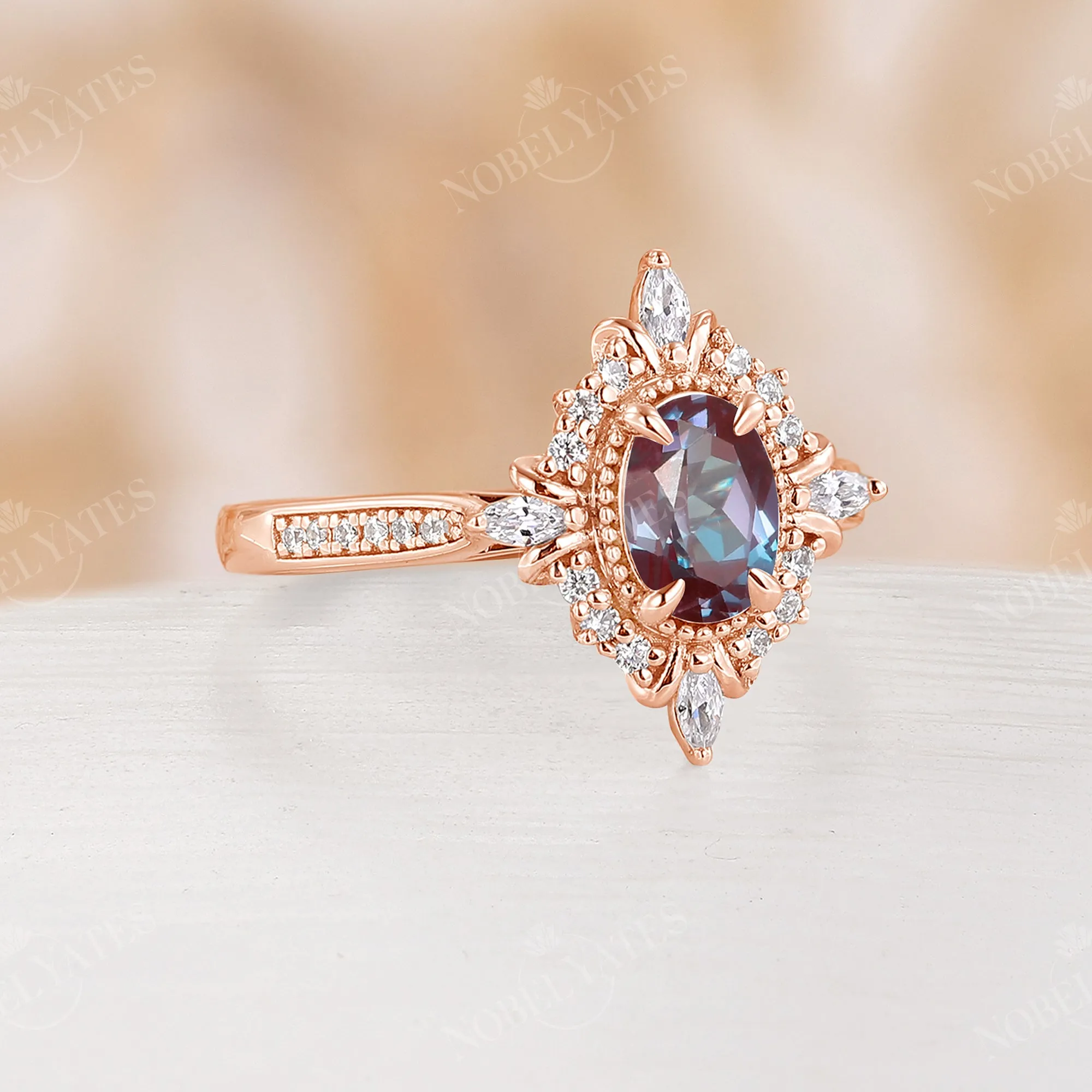 Oval Lab Alexandrite Vintage Milgrain Engagement Ring Rose Gold