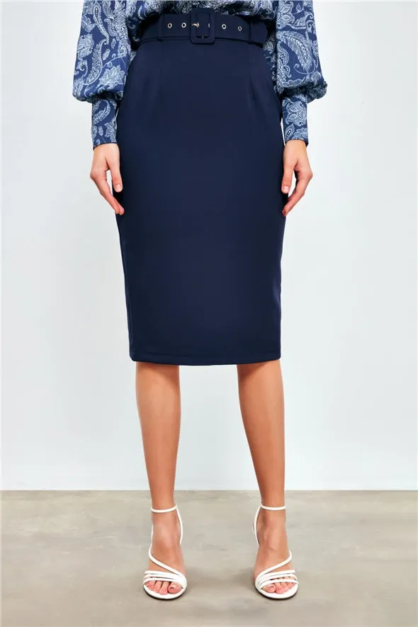 Pencil Skirt Midi with Belt - Navy Blue