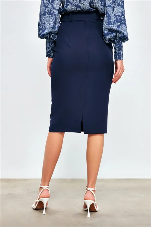 Pencil Skirt Midi with Belt - Navy Blue