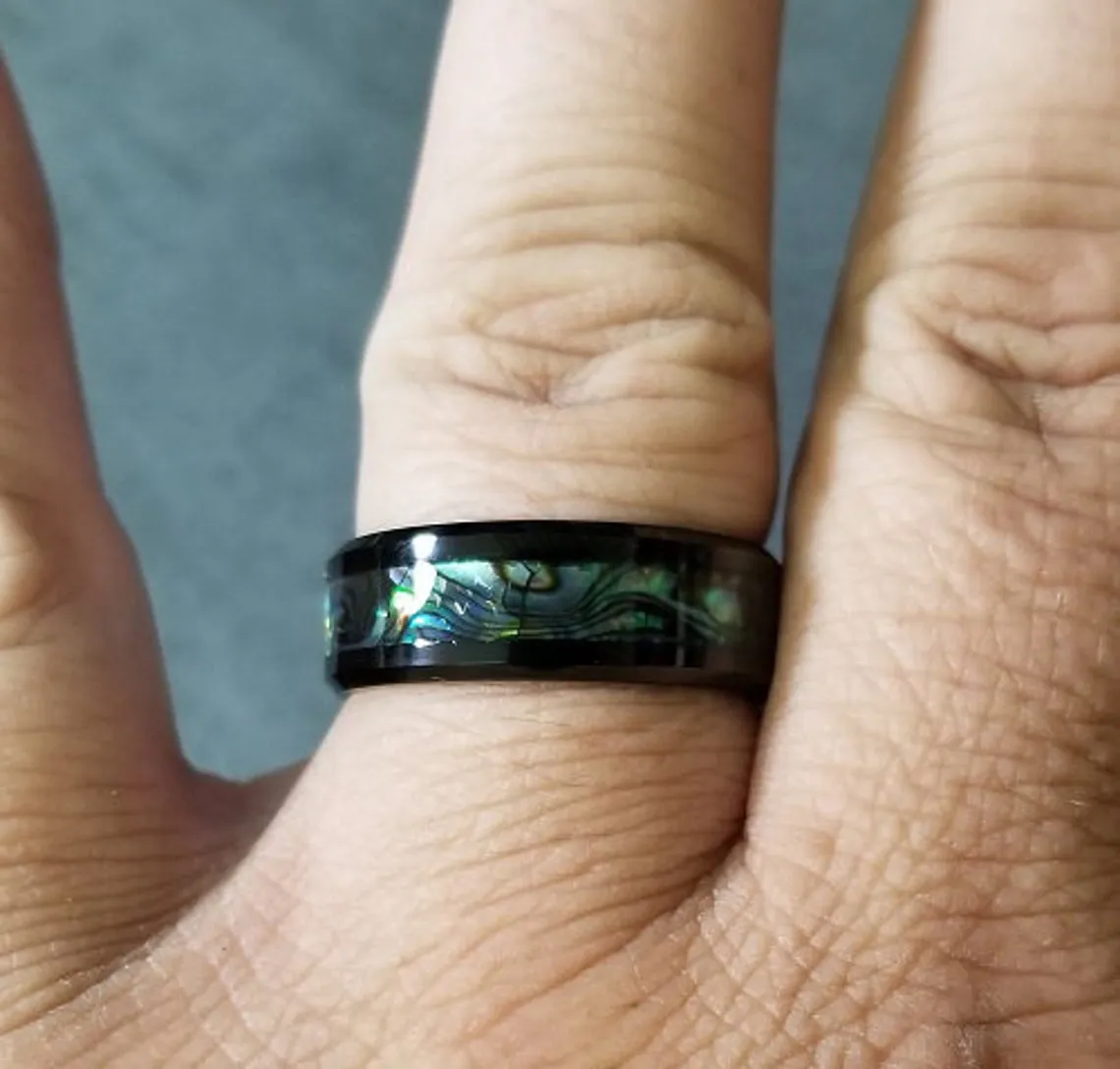 Personalized Men's Tungsten Abalone Promise Ring - Engraved Handwriting Ring