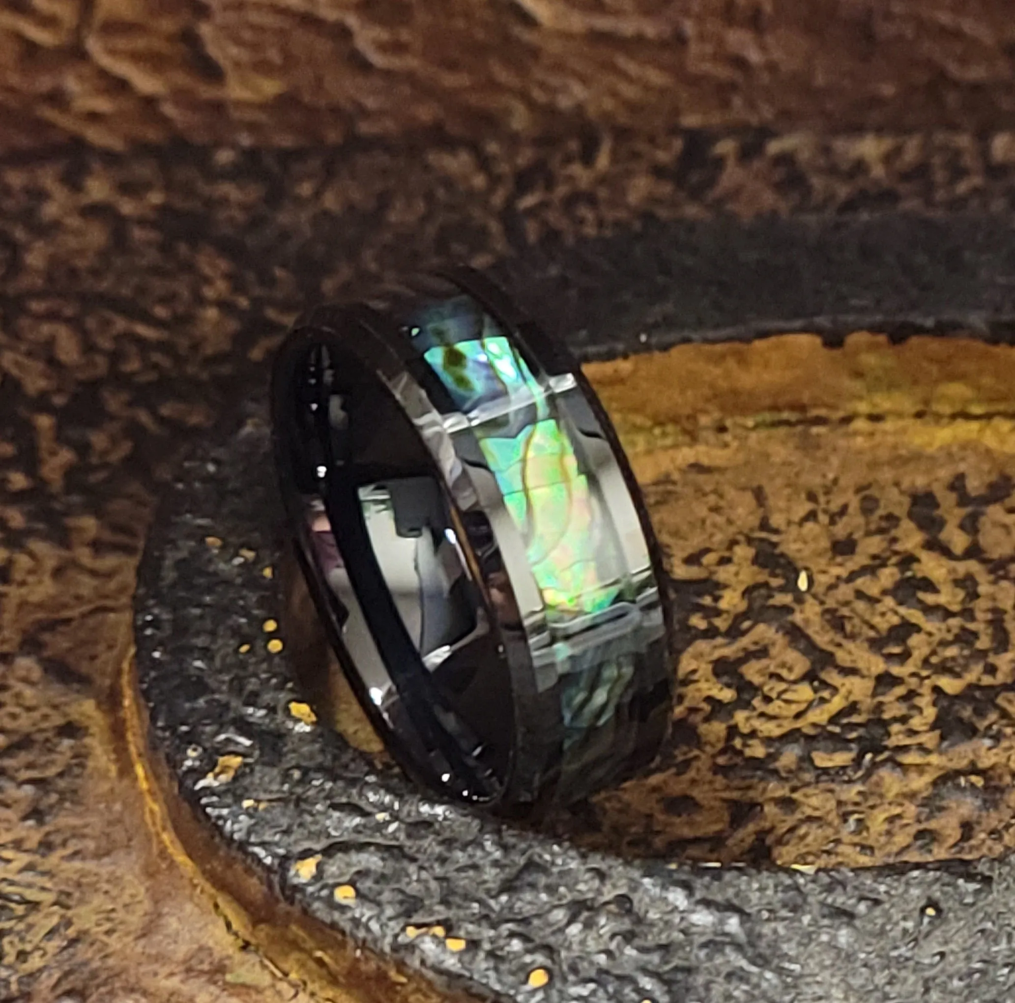 Personalized Men's Tungsten Abalone Promise Ring - Engraved Handwriting Ring