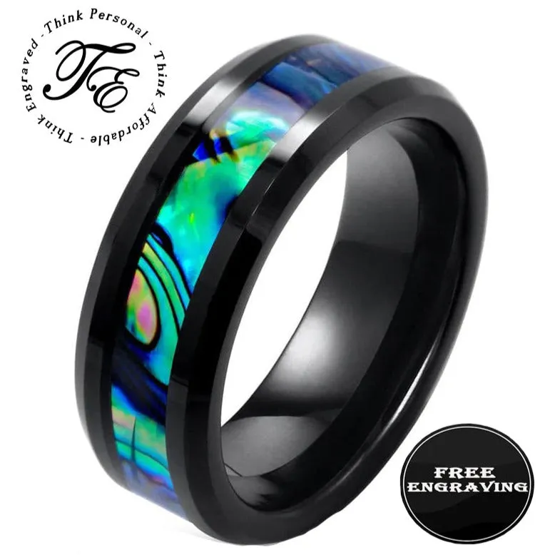 Personalized Men's Tungsten Abalone Promise Ring - Engraved Handwriting Ring