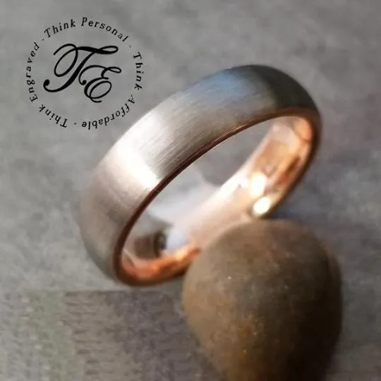 Personalized Men's Wedding Band - Rose Gold and Brushed Steel Real Tungsten