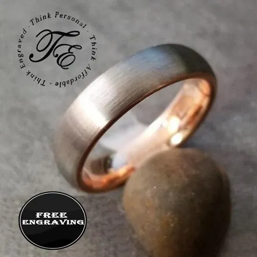 Personalized Men's Wedding Band - Rose Gold and Brushed Steel Real Tungsten