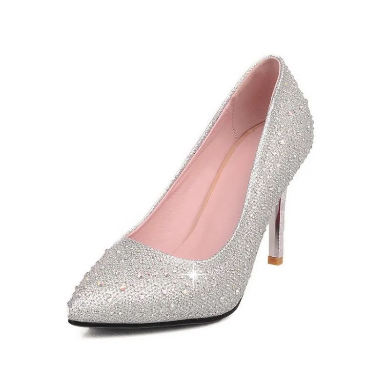 Pointed Toe Rhinestone Pumps Women Stiletto High Heels Wedding Shoes 6031