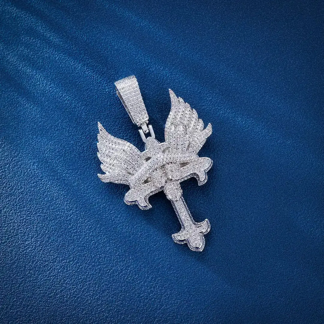 S925 Moissanite Angel Wings Clustered Cross Pendant