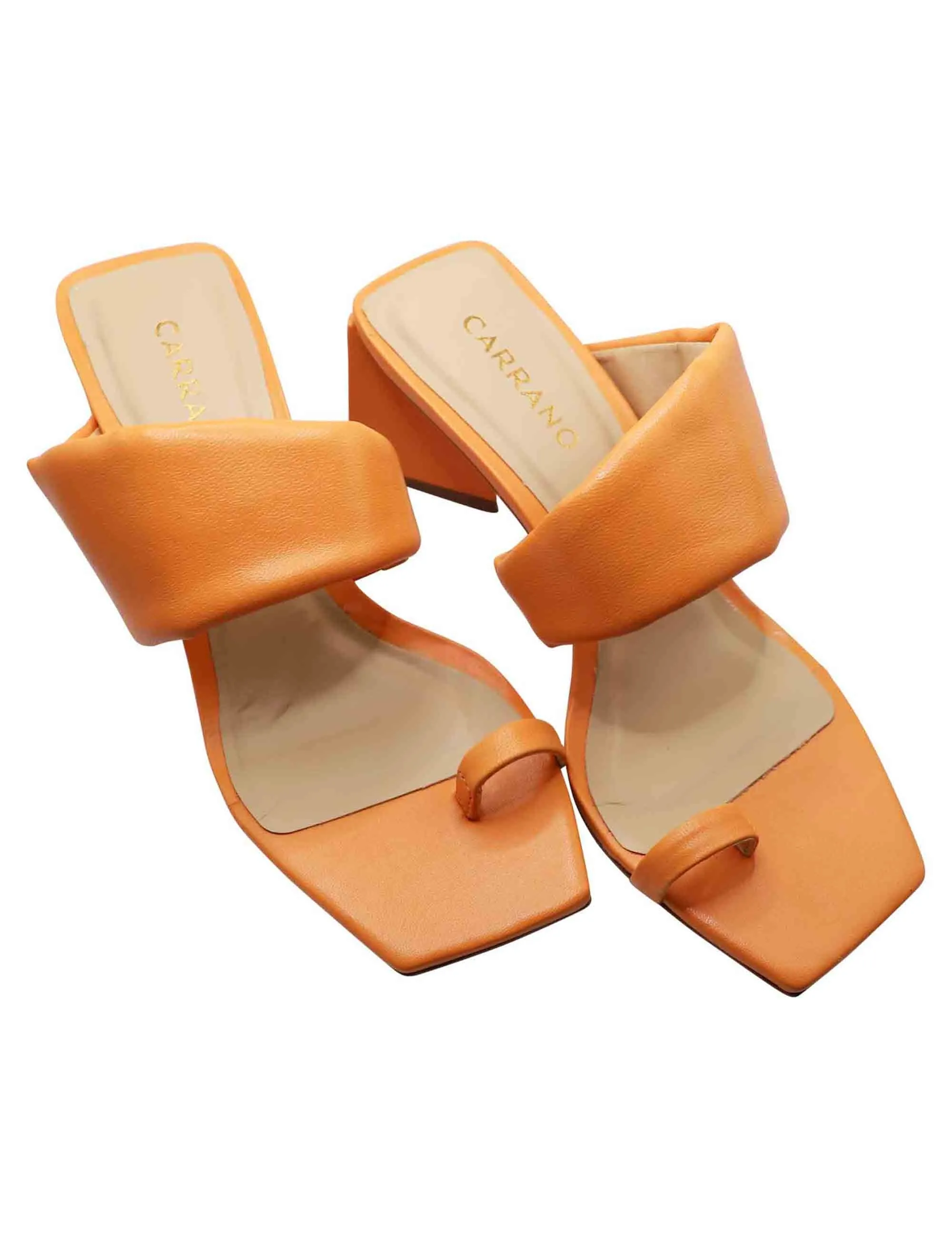 Sandali infradito donna in pelle arancio con fascia e punta quadra