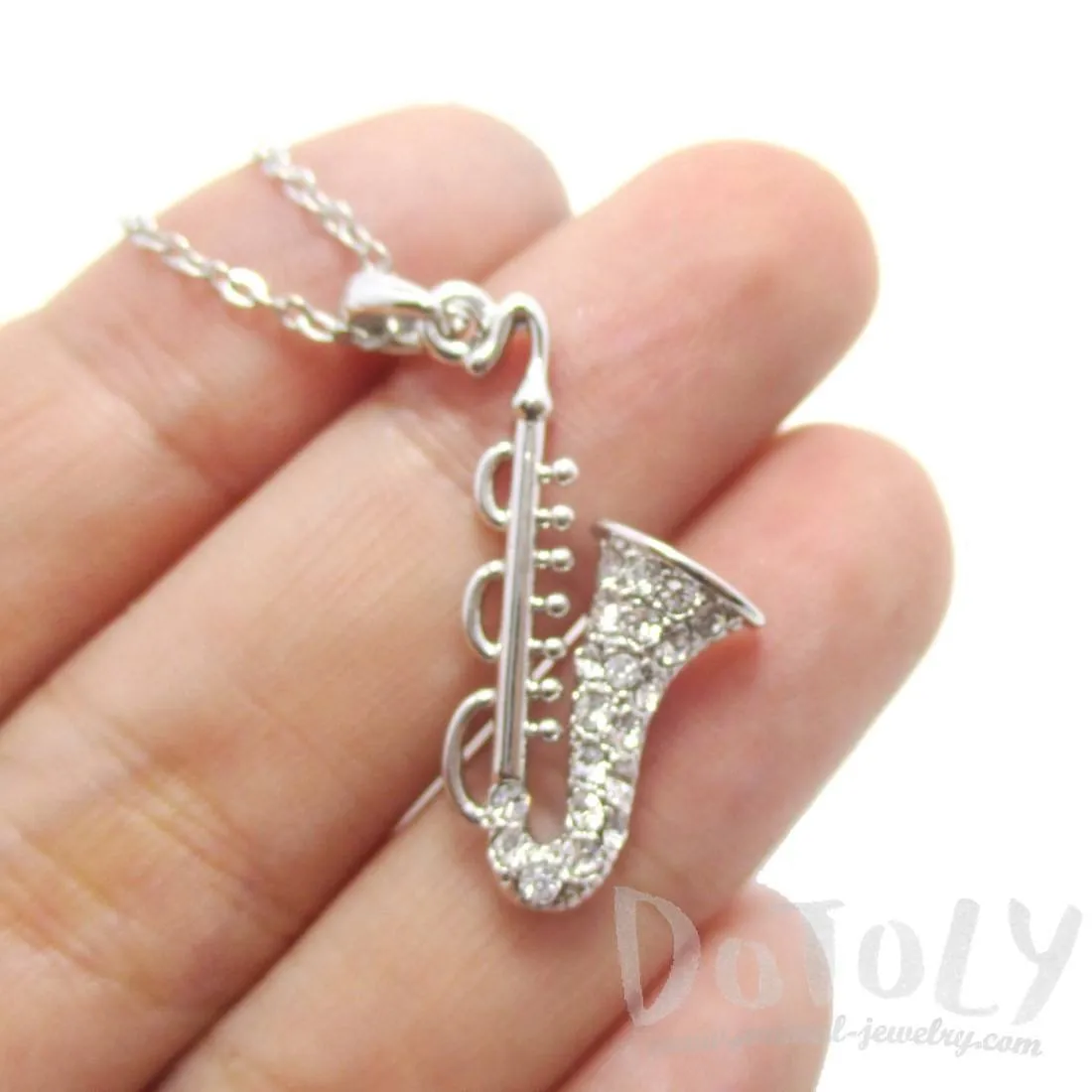 Saxophone Instrument Shaped Rhinestone Pendant Necklace in Silver | For Music Lovers