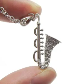 Saxophone Instrument Shaped Rhinestone Pendant Necklace in Silver | For Music Lovers