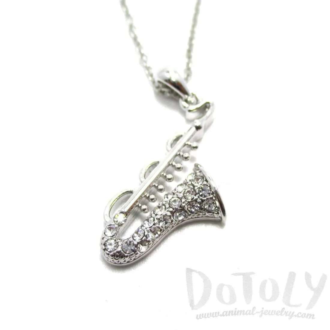 Saxophone Instrument Shaped Rhinestone Pendant Necklace in Silver | For Music Lovers