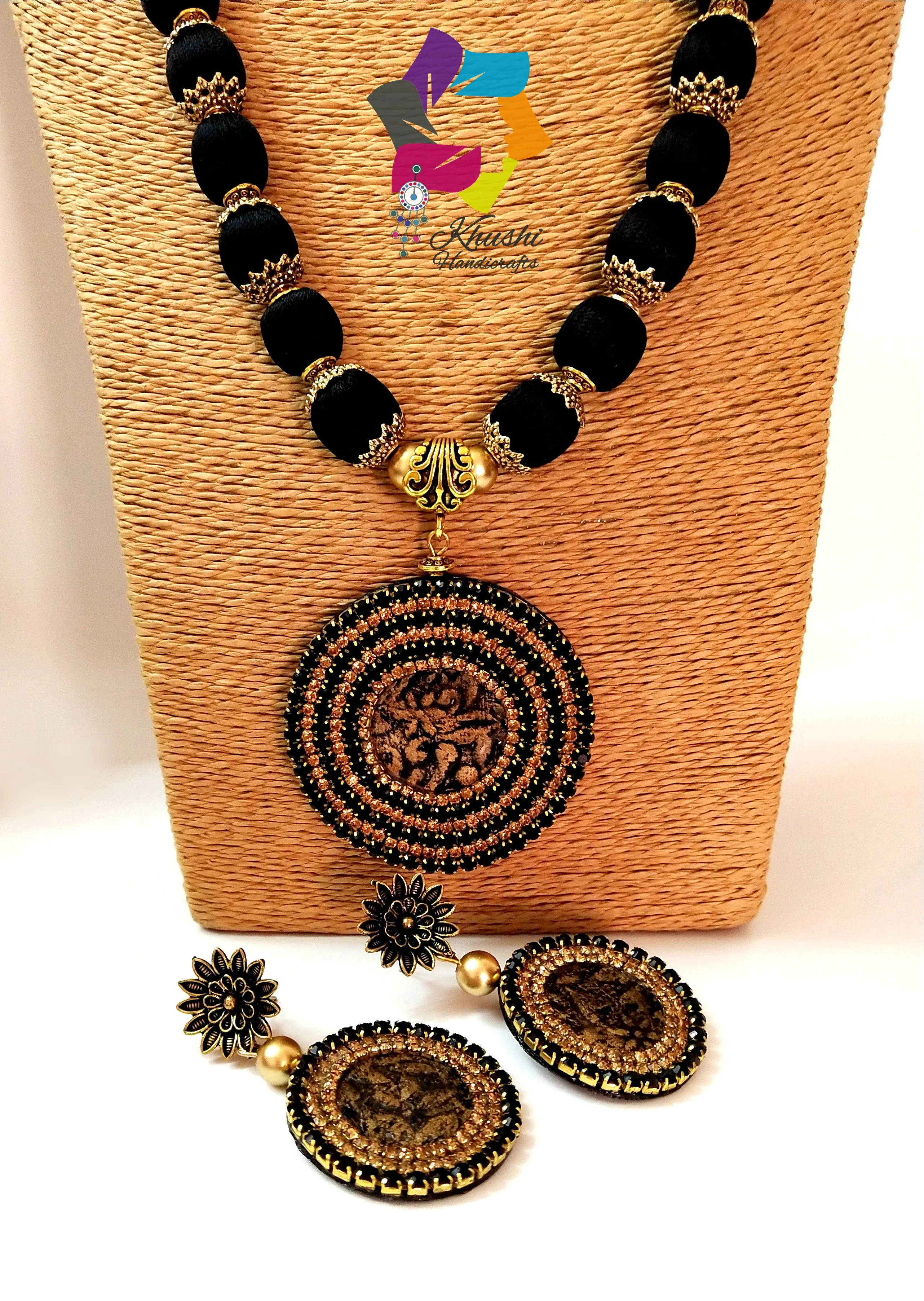 Silk Thread Jewellery -Black Necklace with a resin coated Rhinestone Embossed pendant