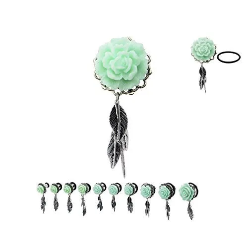 Single Flare Steel WildKlass Plugs with Mint Green Rose Frame Front and Leaf Dangles