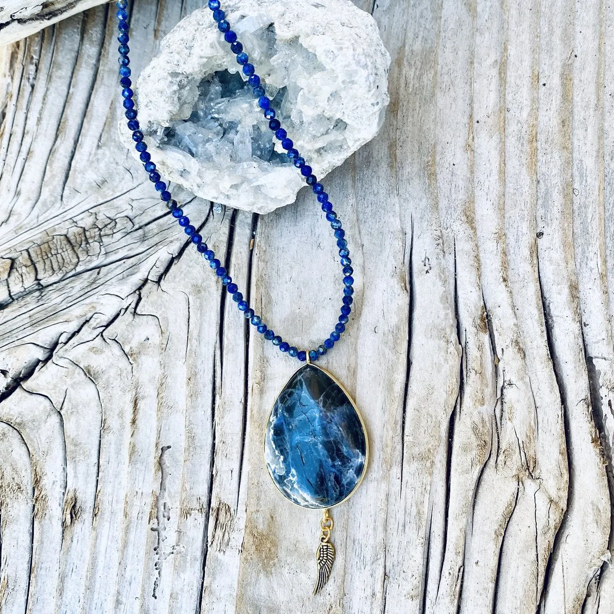 Sodalite and Lapis Lazuli Necklace for Rational Thoughts with a Protective Angel Wing