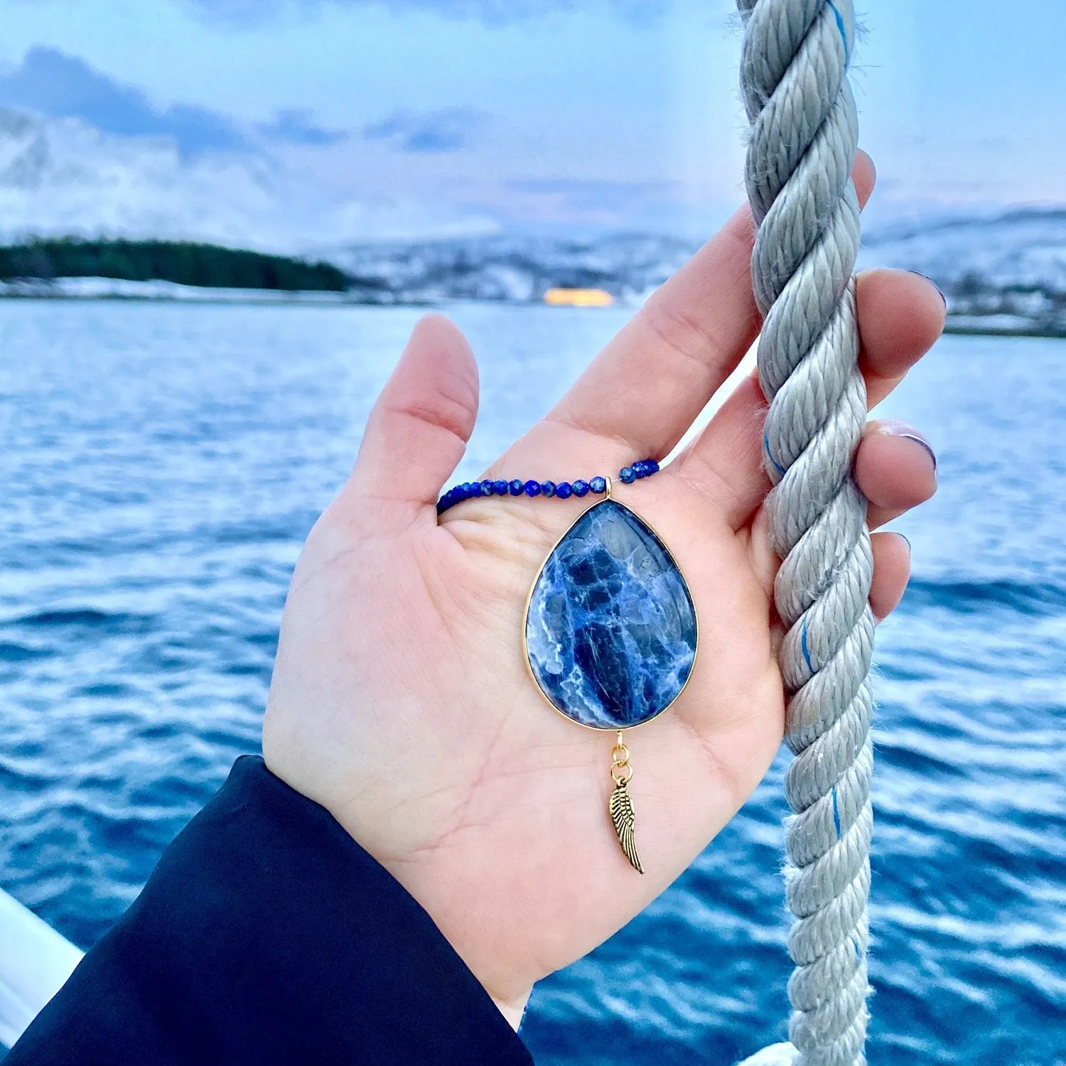 Sodalite and Lapis Lazuli Necklace for Rational Thoughts with a Protective Angel Wing