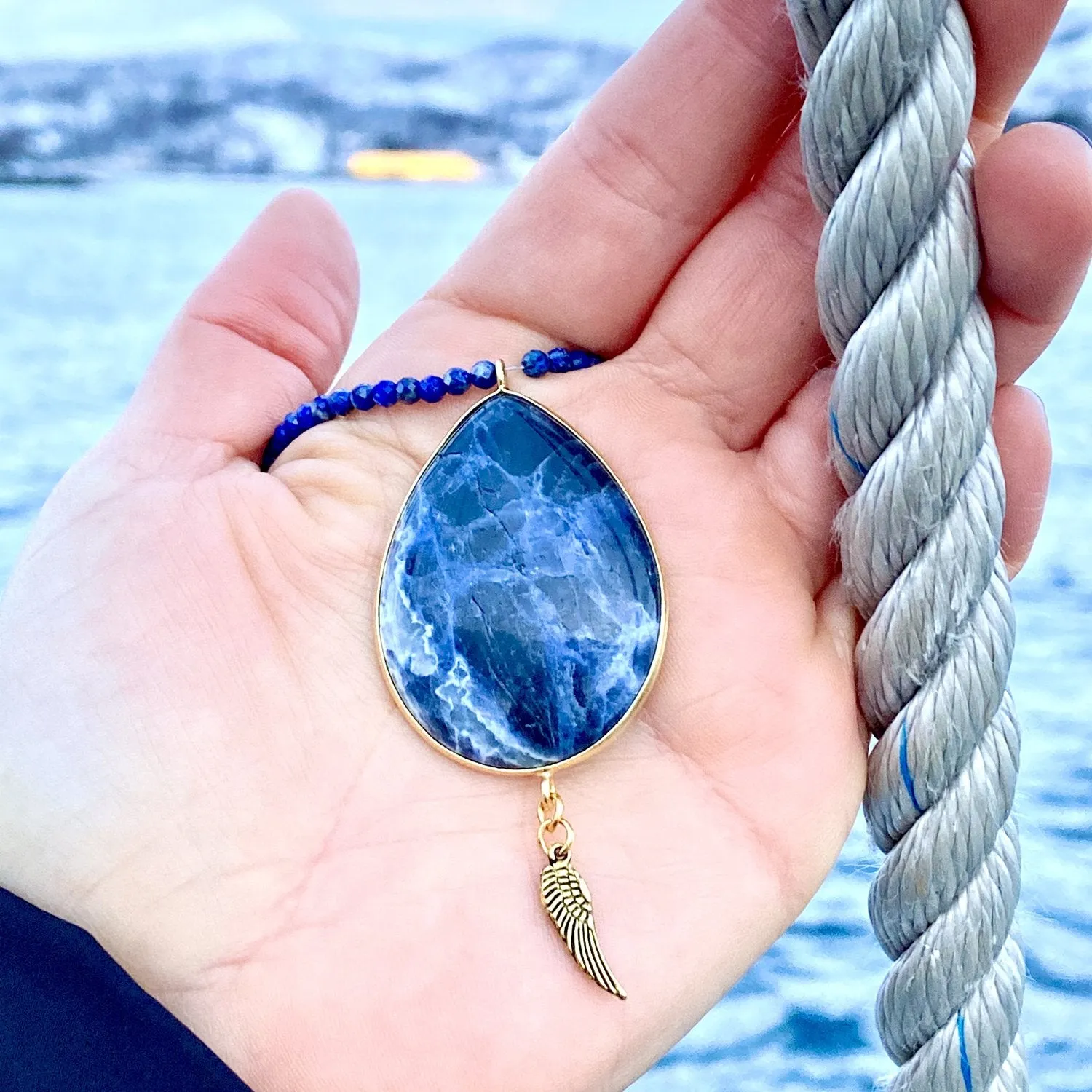 Sodalite and Lapis Lazuli Necklace for Rational Thoughts with a Protective Angel Wing