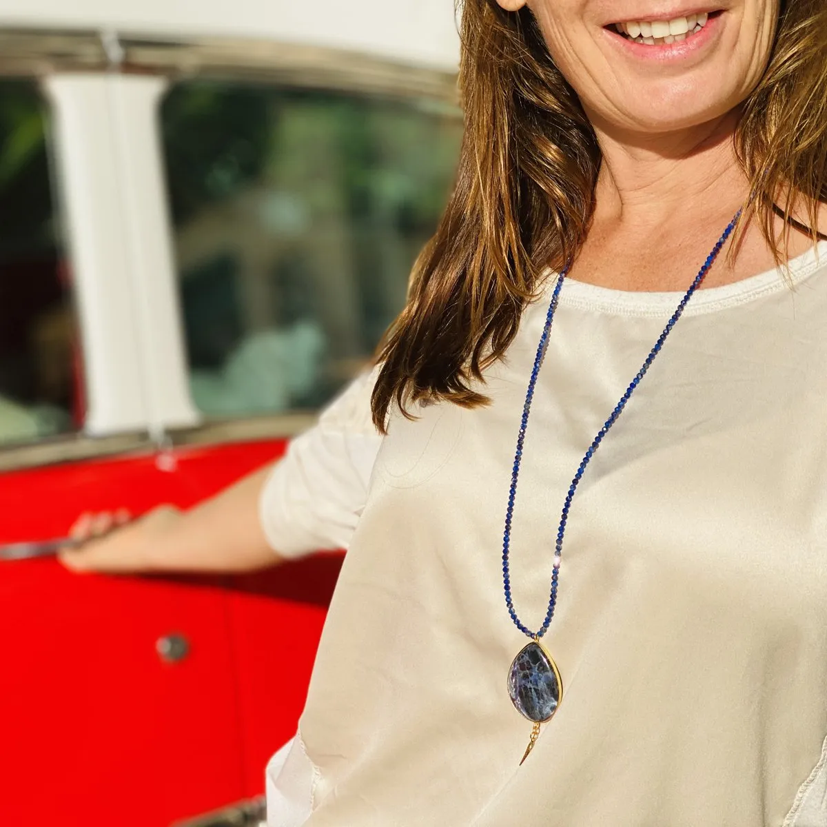 Sodalite and Lapis Lazuli Necklace for Rational Thoughts with a Protective Angel Wing