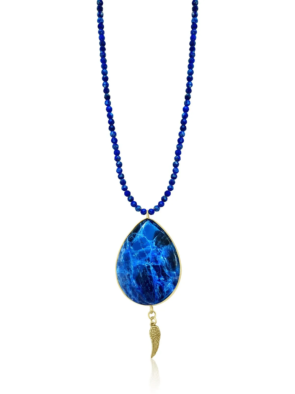 Sodalite and Lapis Lazuli Necklace for Rational Thoughts with a Protective Angel Wing