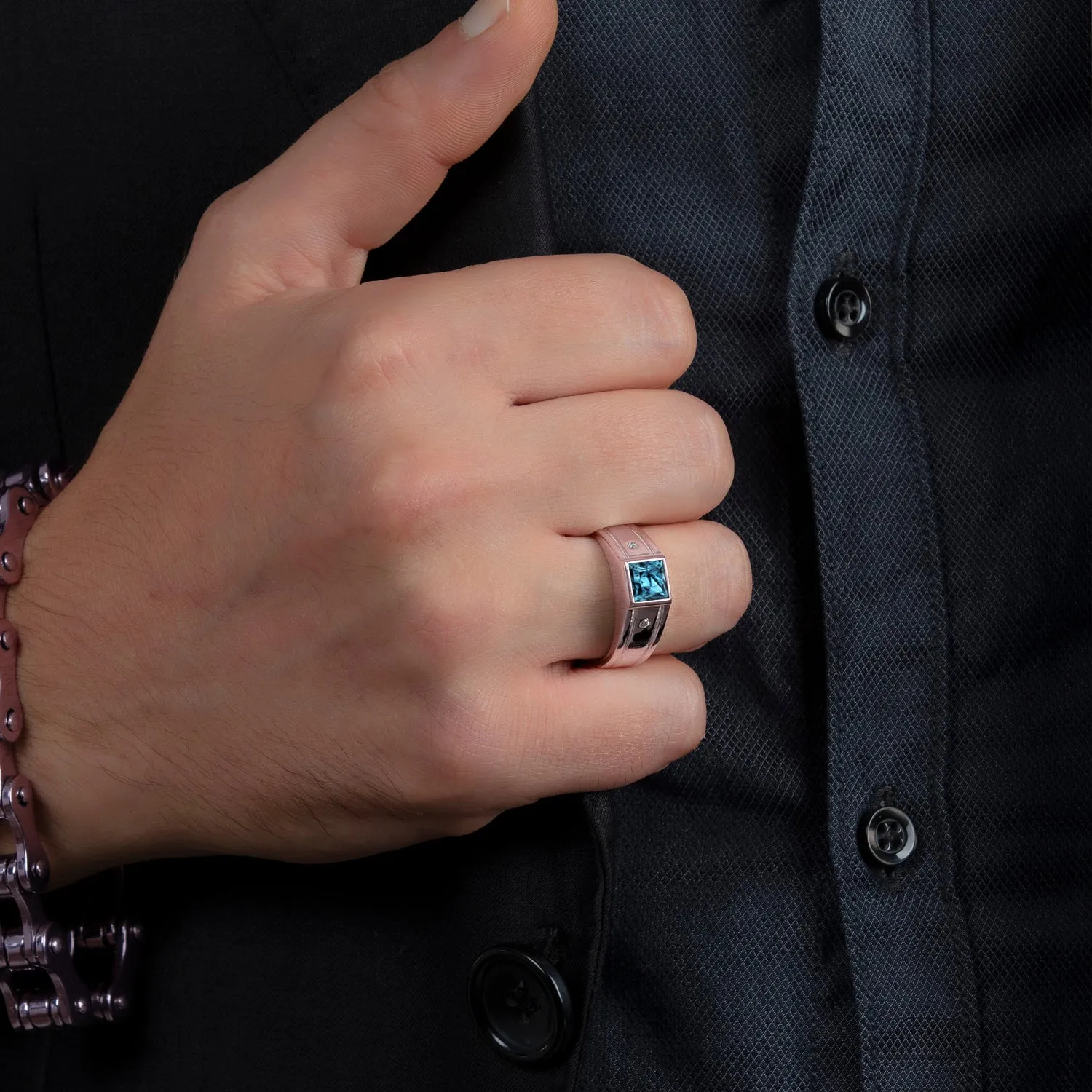 Solid Gold Ring with Square Stone and 2 Genuine Diamonds Men's Blue Engagement Ring