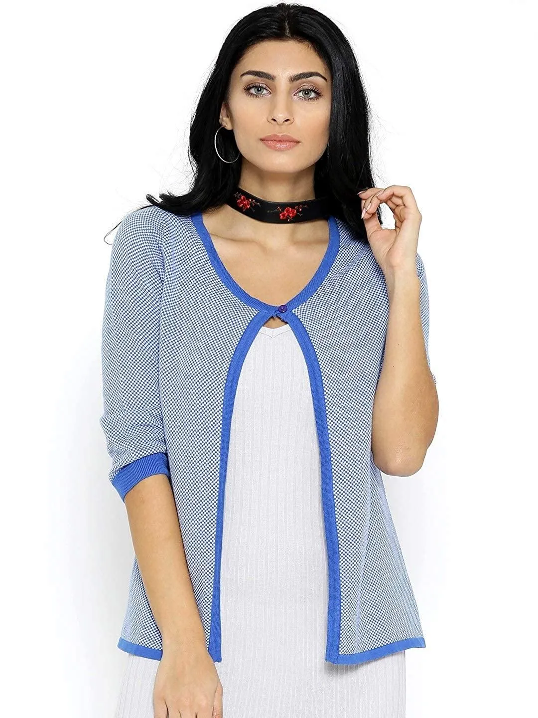 Style Quotient Women Blue Scoop Neck Self-Design Fashion Sweaters