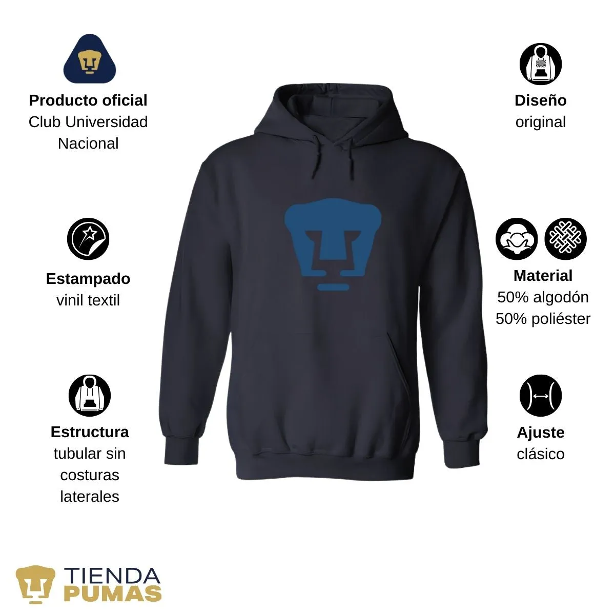 Sudadera Mujer Hoodie Pumas UNAM Logo Azul Vinil