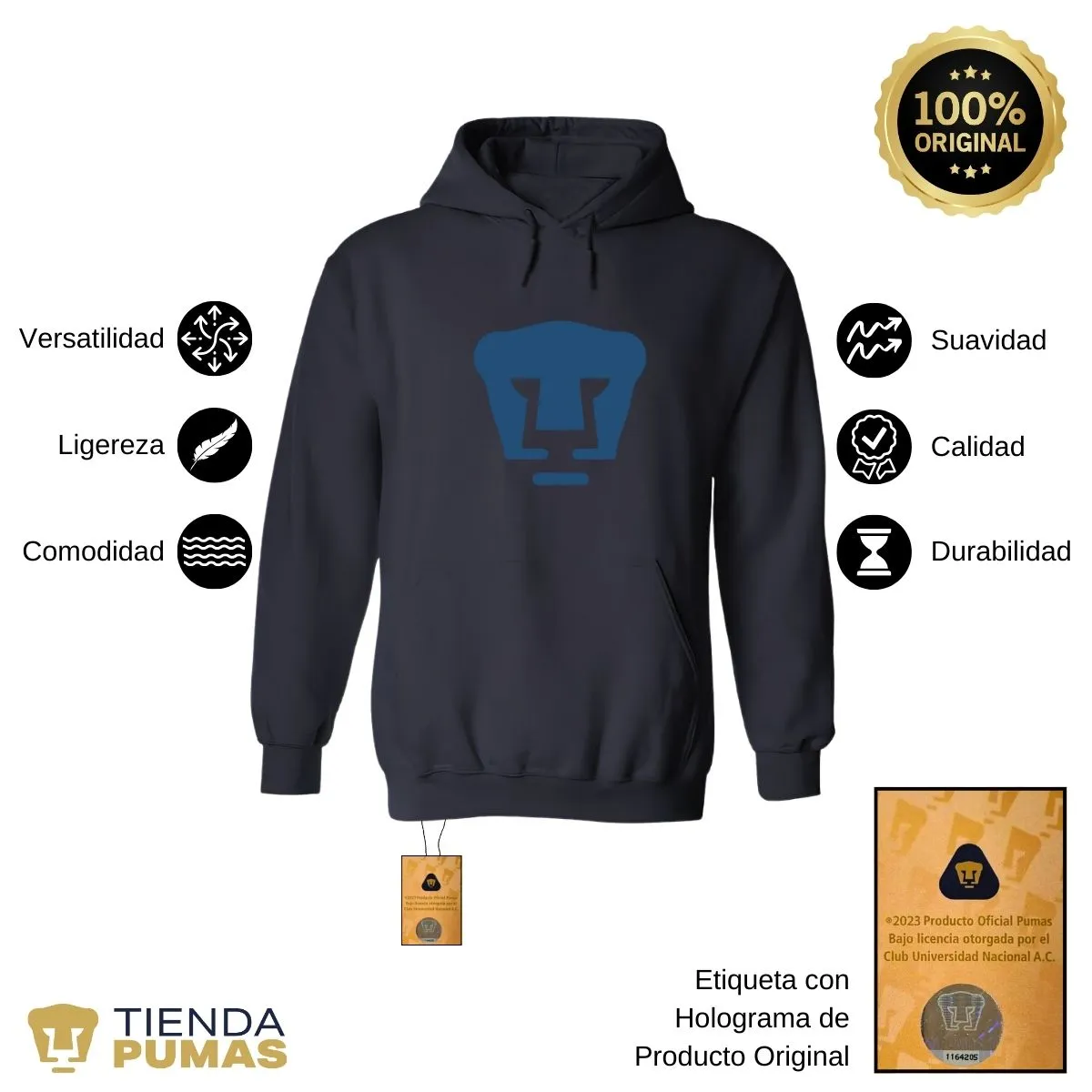 Sudadera Mujer Hoodie Pumas UNAM Logo Azul Vinil