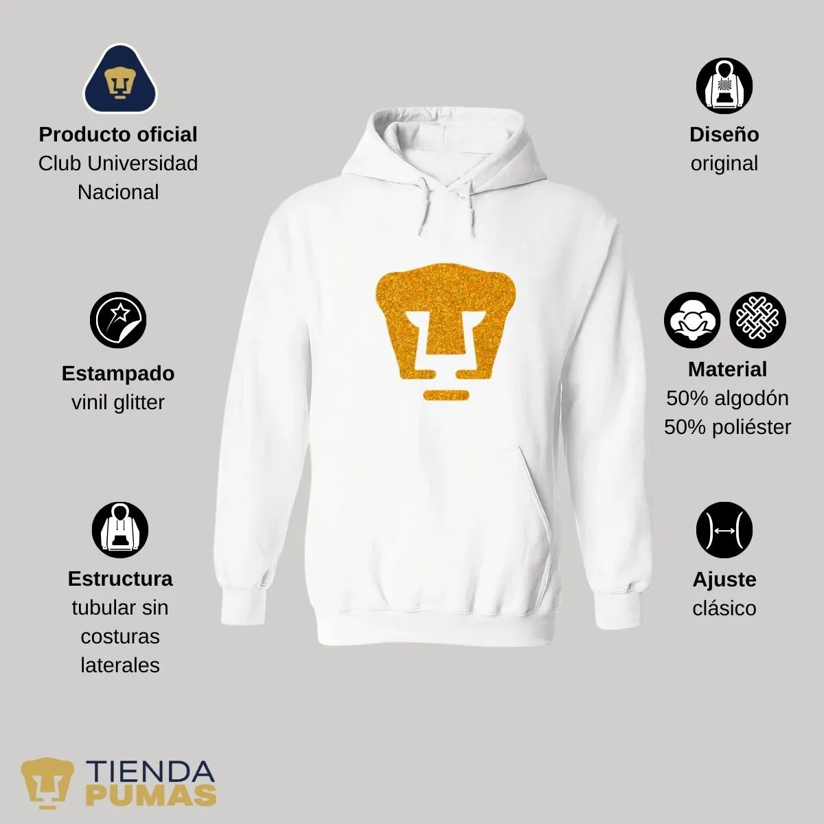 Sudadera Mujer Hoodie Pumas UNAM Logo Dorado Glitter