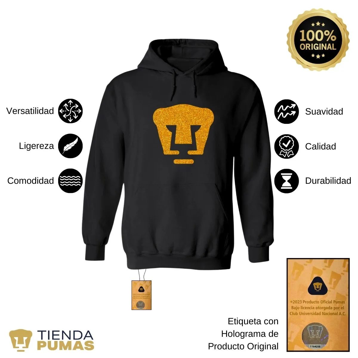 Sudadera Mujer Hoodie Pumas UNAM Logo Dorado Glitter