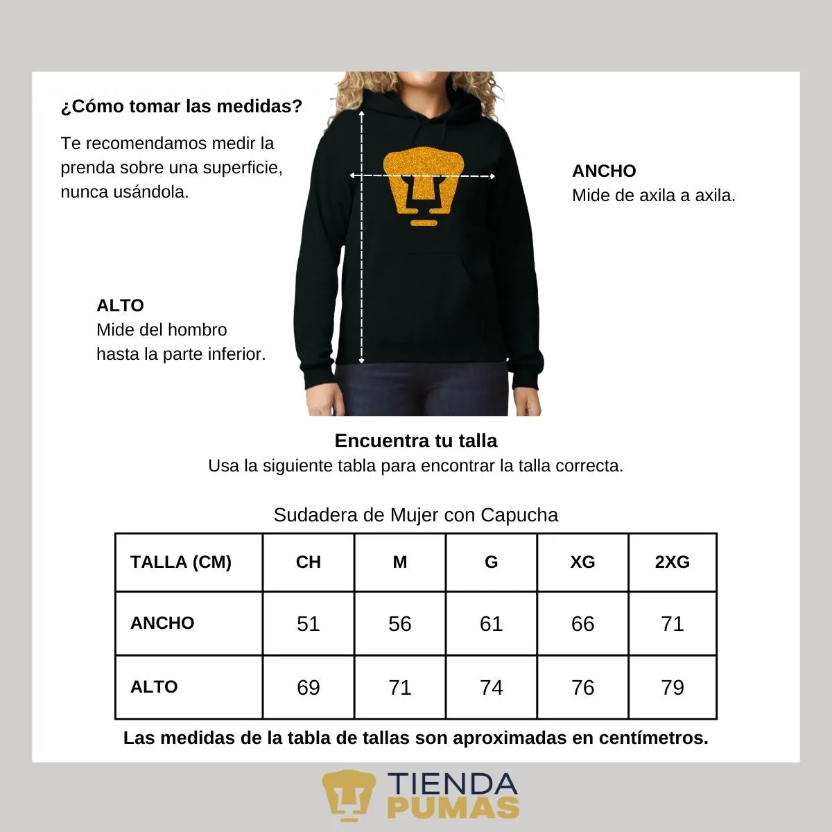 Sudadera Mujer Hoodie Pumas UNAM Logo Dorado Glitter