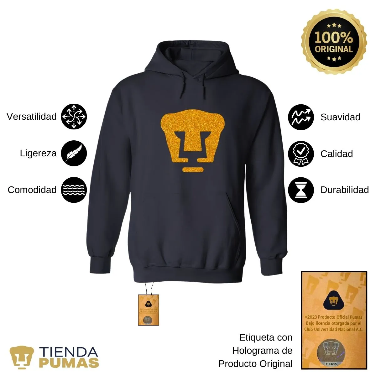 Sudadera Mujer Hoodie Pumas UNAM Logo Dorado Glitter