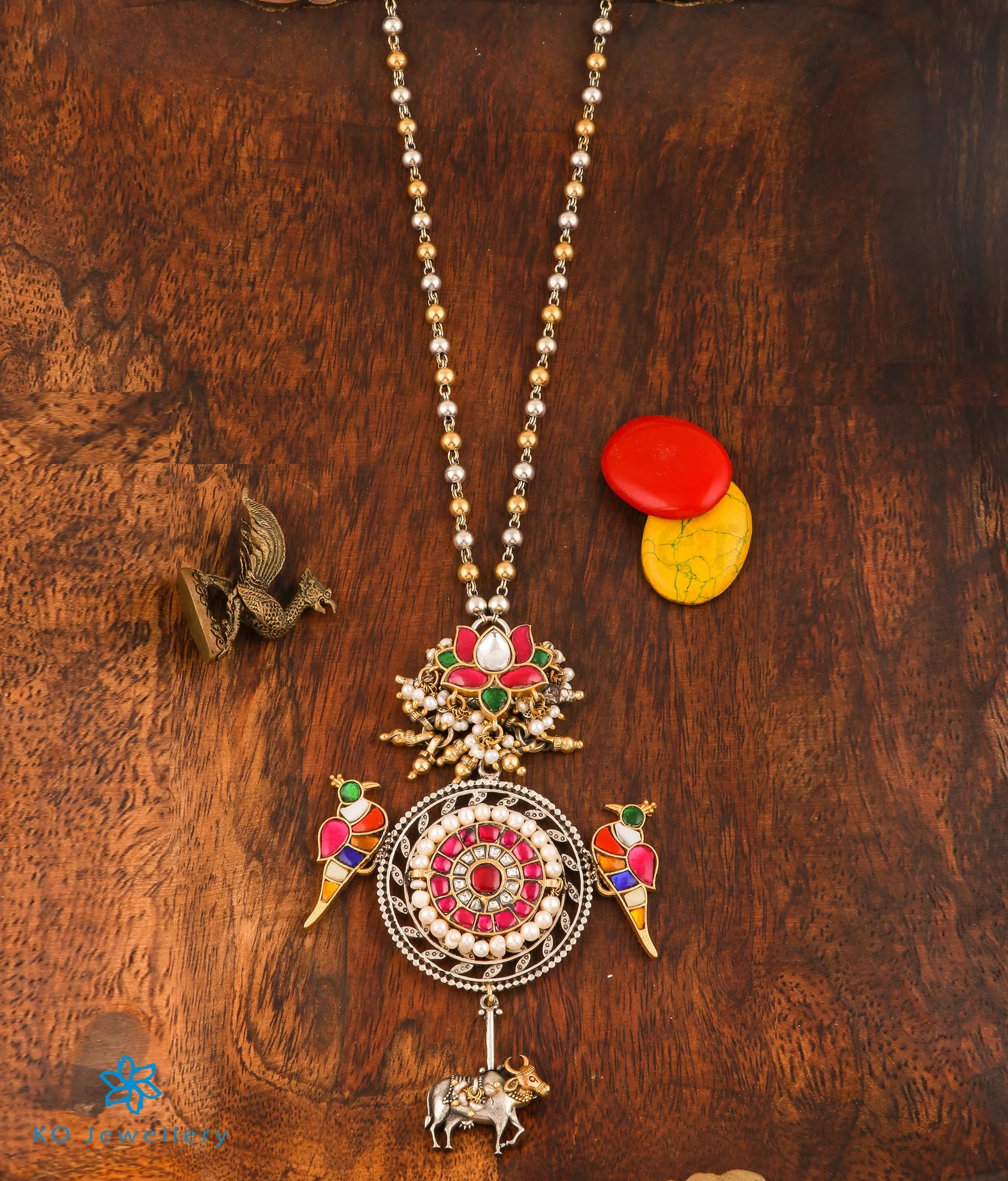 The Isharya Antique Silver Parrot Kundan Necklace (2 Tone)