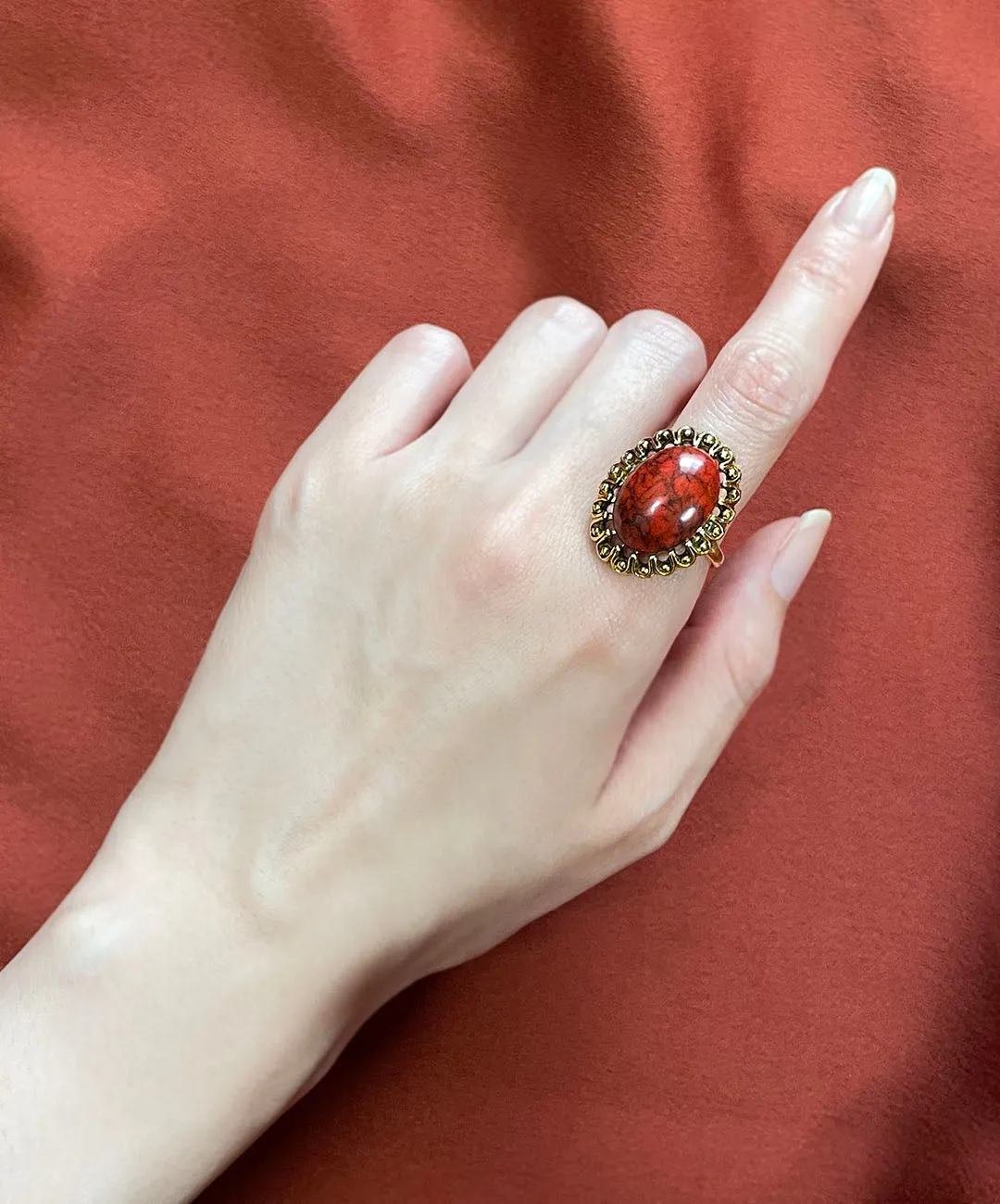 【USA輸入】ヴィンテージ レッドマーブル カボション リング/Vintage Red Marble Cabochon Ring