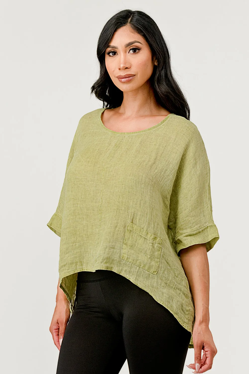 V Back Italian Linen Top W Pocket