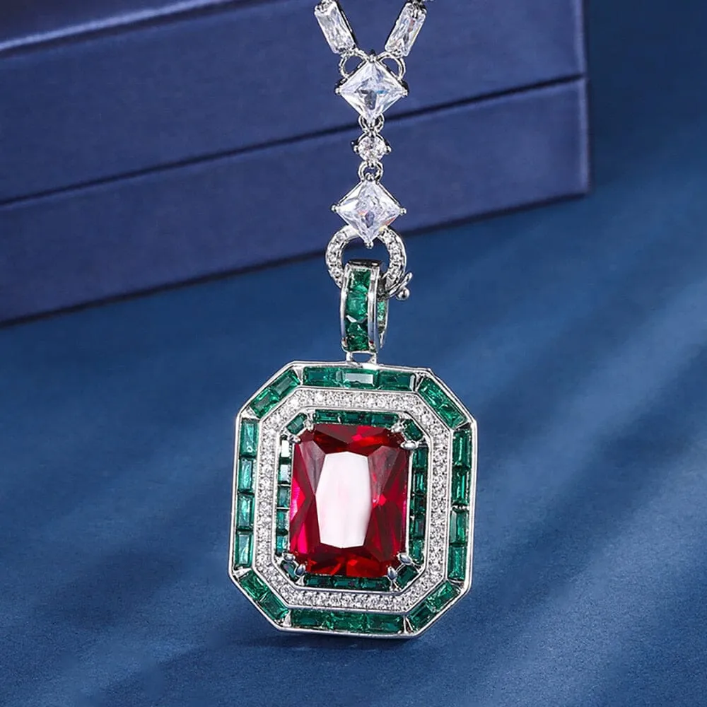 Vintage 12*16mm Square Cut Ruby Pendant 925 Sterling Silver Chain Necklace