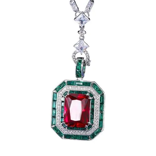 Vintage 12*16mm Square Cut Ruby Pendant 925 Sterling Silver Chain Necklace