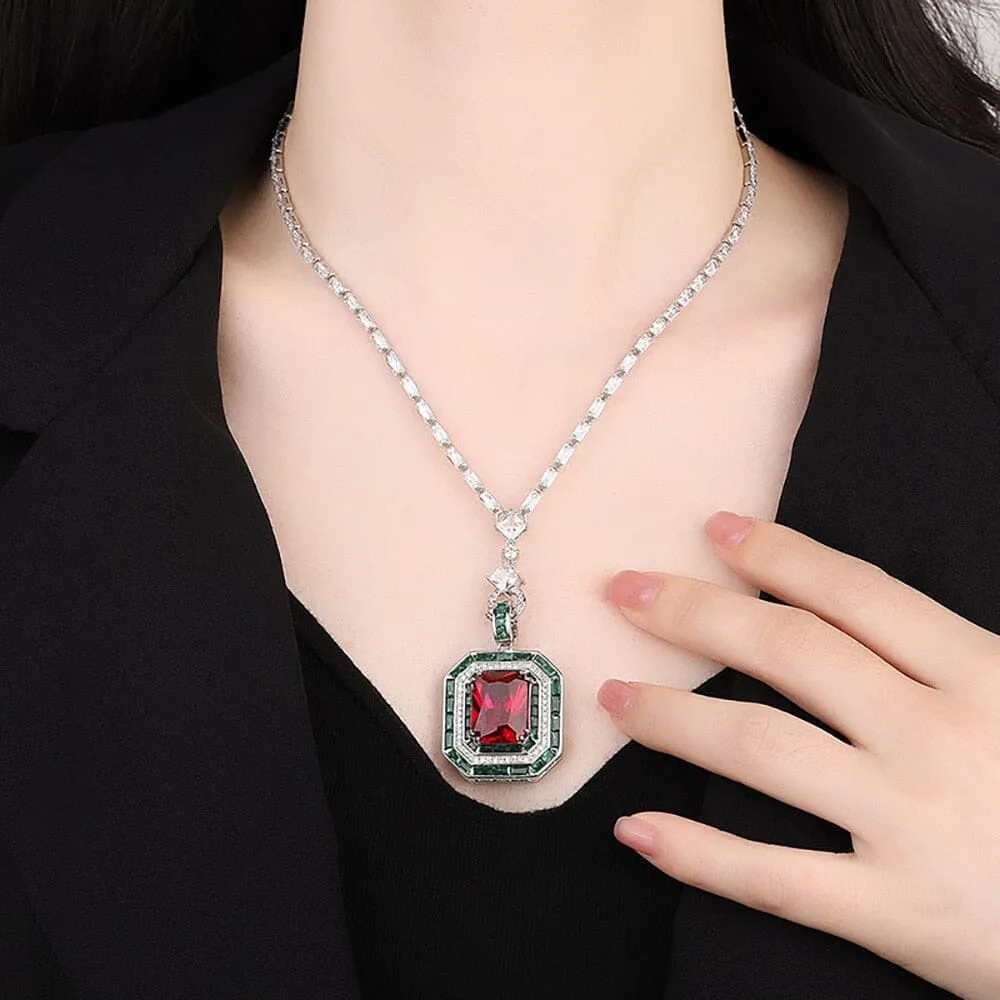 Vintage 12*16mm Square Cut Ruby Pendant 925 Sterling Silver Chain Necklace