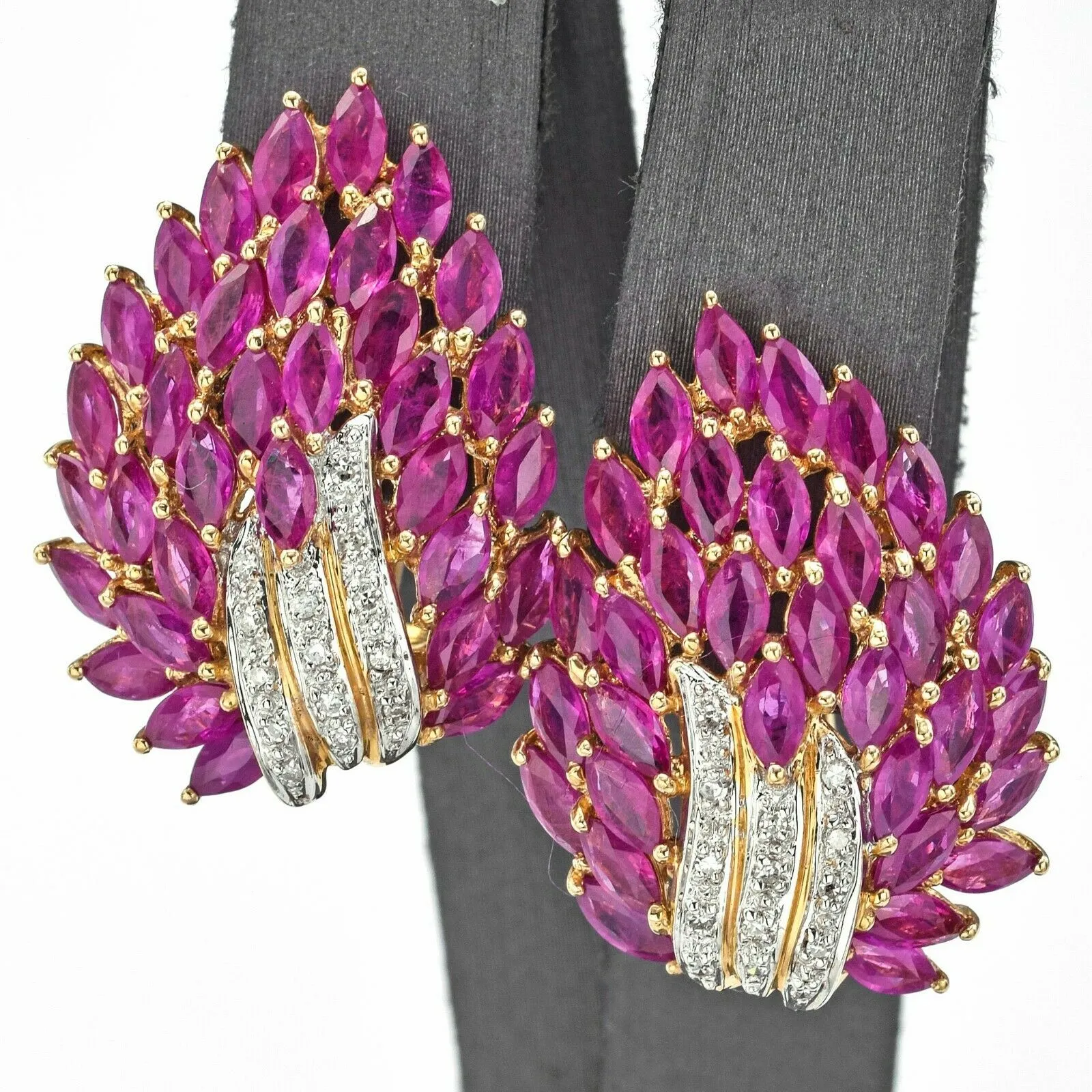 Vintage 14K Gold Non-Treated Ruby & Diamond Cluster Omega Back Earrings