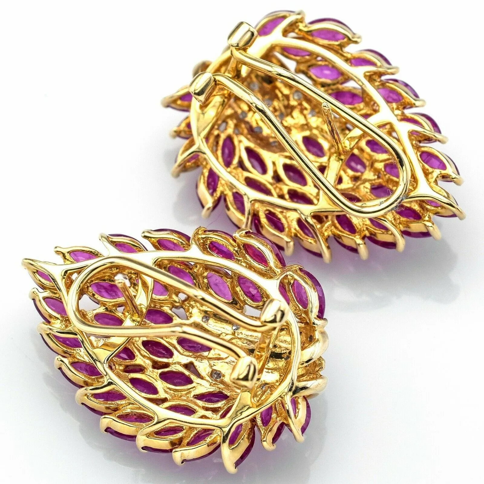 Vintage 14K Gold Non-Treated Ruby & Diamond Cluster Omega Back Earrings