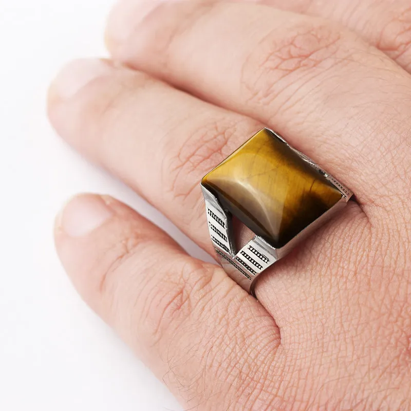 Vintage Design Men's Natural Stone Ring in Sterling Silver